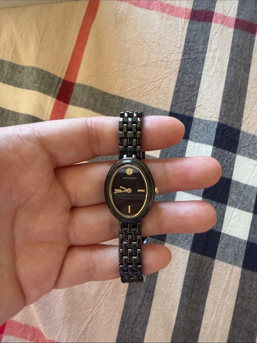 Tory Burch Black and Gold Oval Link Bracelet Watch
